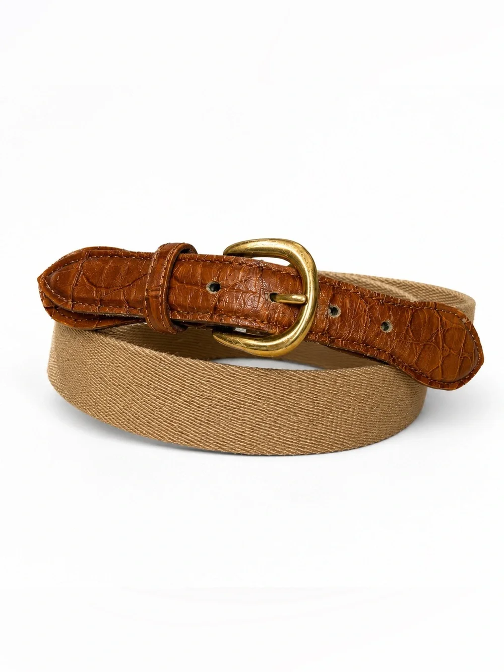 Men’s Woven Canvas Croc Embossed Leather Belt Tan Brown Solid Brass 36